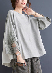 Beautiful Grey O Neck Hollow Out Embroidered Patchwork Cotton T Shirt Top Summer