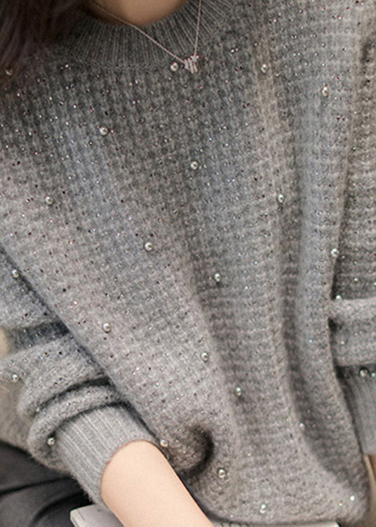 Beautiful Grey O Neck Nail Bead Woolen Knit Sweaters Winter
