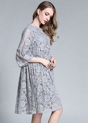 Beautiful Grey O-Neck Patchwork Solid Lace Maxi Dresses Bracelet Sleeve
