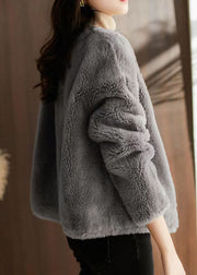 Beautiful Grey O Neck Pockets Patchwork Wool Jackets Winter