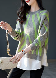 Beautiful Grey O-Neck Thick Striped Patchwork Fake Two Pieces Knit Sweaters Fall