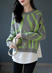 Beautiful Grey O-Neck Thick Striped Patchwork Fake Two Pieces Knit Sweaters Fall