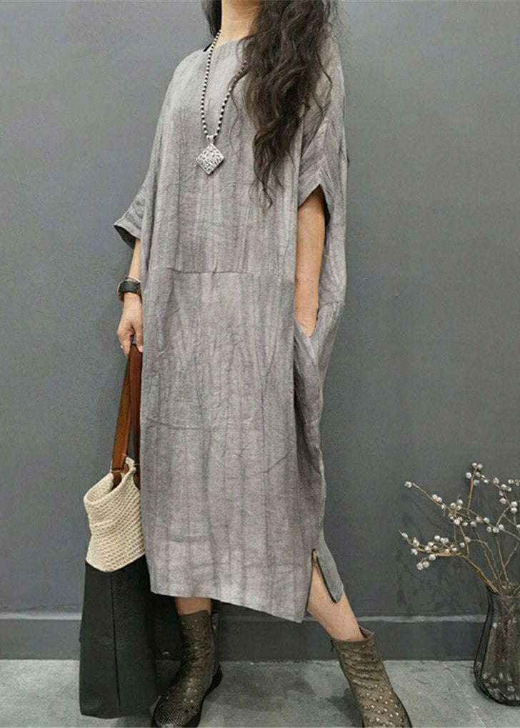 Beautiful Grey O-Neck Wrinkled Side Open Linen Long Dress Batwing Sleeve