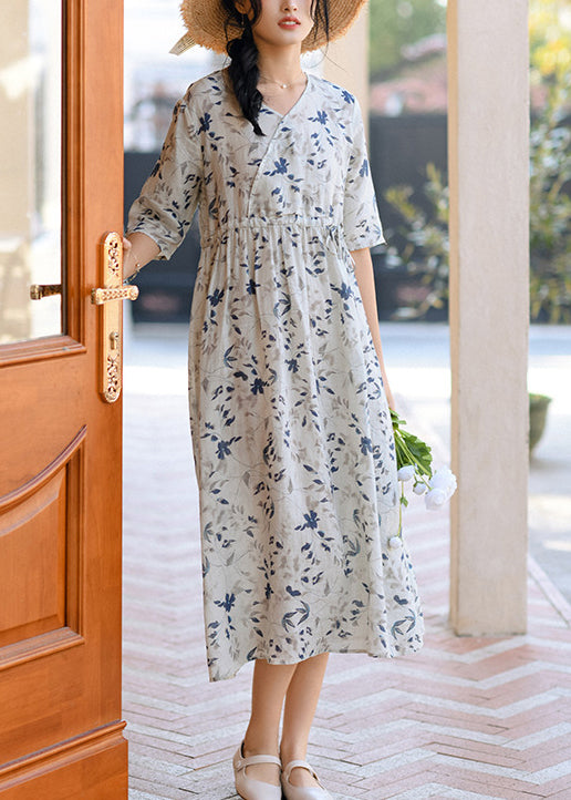 Beautiful Grey Print Patchwork Linen Long Dresses Summer