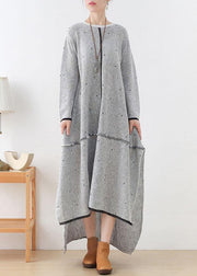 Beautiful Grey White Low High Side Open Fall Knitted Dress - SooLinen