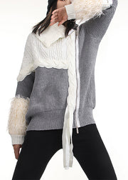 Beautiful Grey Zip Up Patchwork Knit Pullover Spring