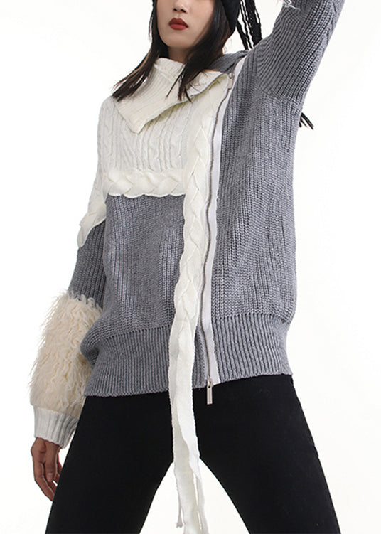 Beautiful Grey Zip Up Patchwork Knit Pullover Spring