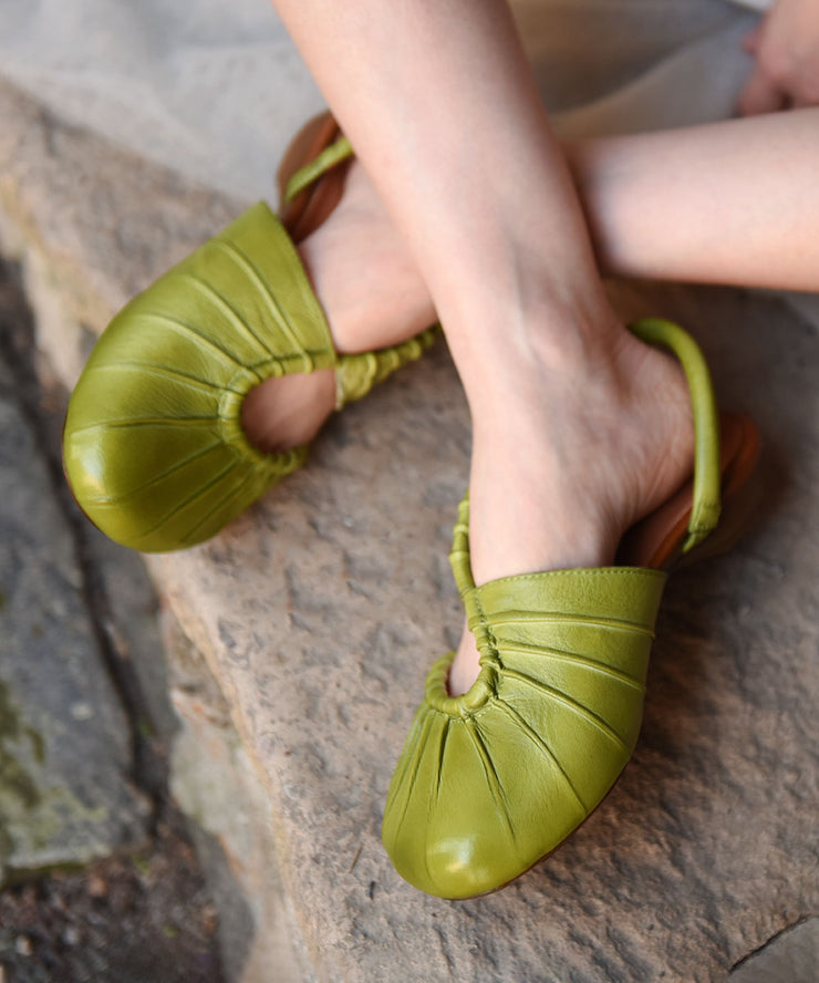 Beautiful Hollow Out Splicing Chunky Flat Sandals Green Cowhide Leather