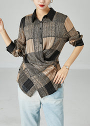 Beautiful Khaki Asymmetrical Design Plaid Chiffon Shirts Spring