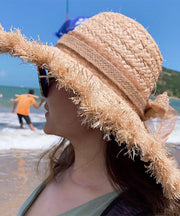 Beautiful Khaki Bow UPF 50+ Straw Woven Floppy Sun Hat