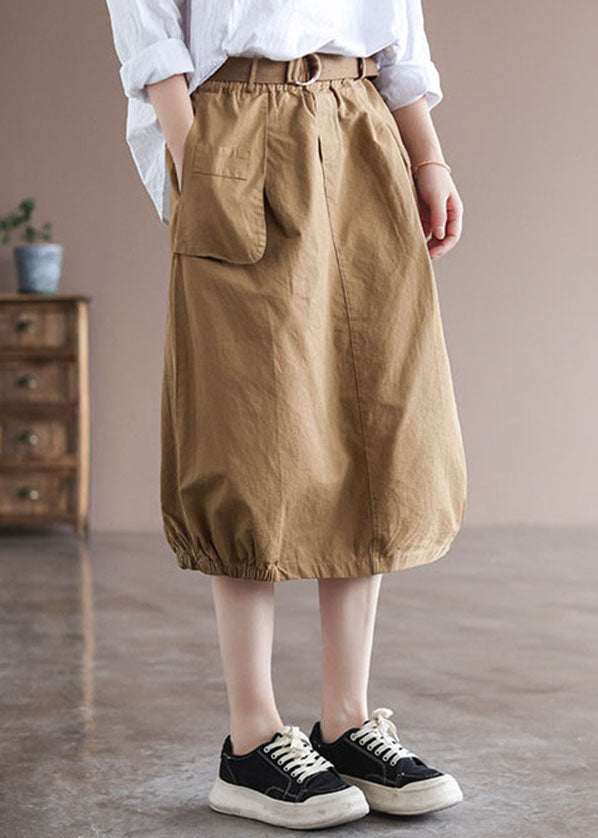 Beautiful Khaki Elastic Waist Asymmetrical Pockets Cotton Skirts Summer