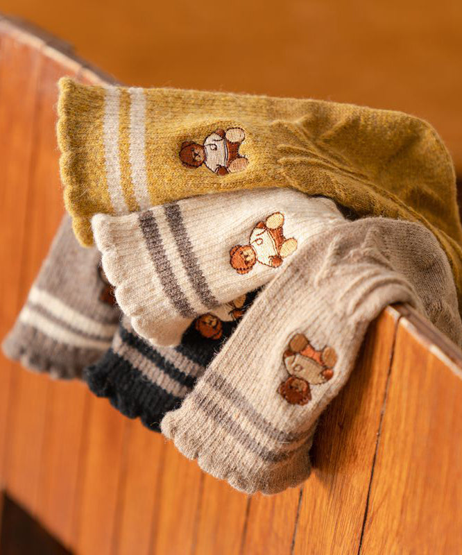 Beautiful Khaki Embroidery Jacquard Cotton Mid Calf Socks