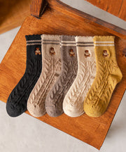 Beautiful Khaki Embroidery Jacquard Cotton Mid Calf Socks