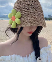 Beautiful Khaki Floral Jacquard Straw Woven Beach Bucket Hat
