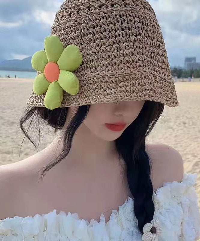 Beautiful Khaki Floral Jacquard Straw Woven Beach Bucket Hat