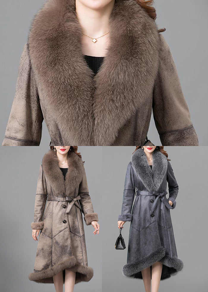 Beautiful Khaki Fox Collar Tie Waist Fuzzy Rabbit Leather And Fur Coats Winter