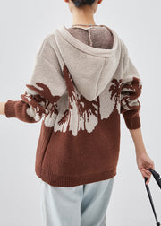 Beautiful Khaki Hooded Jacquard Knit Sweatshirt Spring