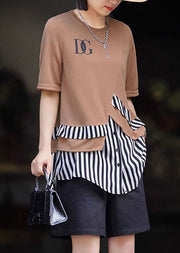 Beautiful Khaki O Neck Striped Patchwork Cotton T Shirt Summer