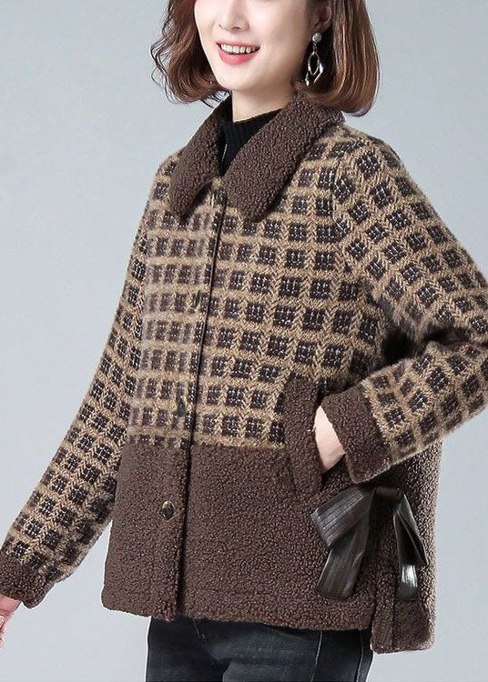 Beautiful Khaki Peter Pan Collar Pockets Plaid Faux Fur Coats Winter