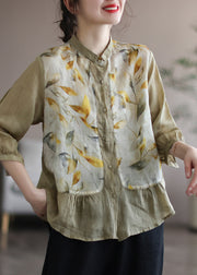 Beautiful Khaki Peter Pan Collar Print Linen Shirt Long Sleeve