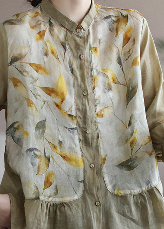Beautiful Khaki Peter Pan Collar Print Linen Shirt Long Sleeve