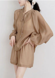 Beautiful Khaki Stand Collar Solid Color Cotton Two Pieces Set Summer