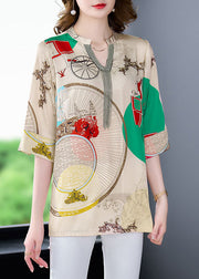 Beautiful Khaki V Neck Print Patchwork Silk Shirts Tops Bracelet Sleeve