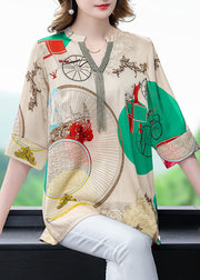Beautiful Khaki V Neck Print Patchwork Silk Shirts Tops Bracelet Sleeve