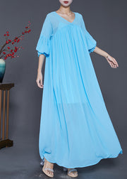 Beautiful Lake Blue Oversized Wrinkled Chiffon Maxi Dress Fall