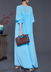 Beautiful Lake Blue Oversized Wrinkled Chiffon Maxi Dress Fall