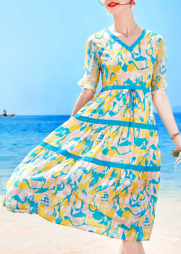 Beautiful Lake Blue V Neck Drawstring Print Chiffon Beach Dresses Short Sleeve