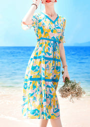 Schönes Seeblau mit V-Ausschnitt, Kordelzug und Chiffon-Strandkleidern mit kurzen Ärmeln