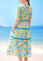 Beautiful Lake Blue V Neck Drawstring Print Chiffon Beach Dresses Short Sleeve