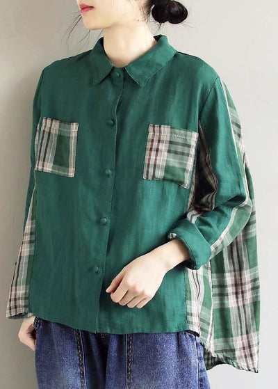 Beautiful Lapel Patchwork Spring Blouse Fabrics Green Plaid Shirts - SooLinen
