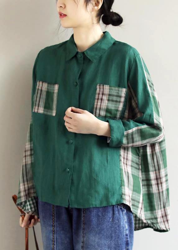 Beautiful Lapel Patchwork Spring Blouse Fabrics Green Plaid Shirts - SooLinen