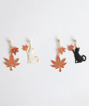 Beautiful Leaves And Cute Cats Copper Asymmetrical Design Drop Earrings