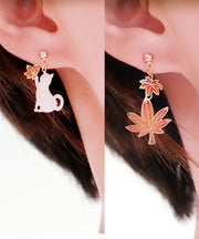 Beautiful Leaves And Cute Cats Copper Asymmetrical Design Drop Earrings