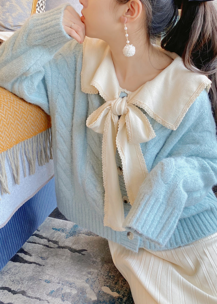 Beautiful Light Blue Bow Collar Cozy Knit Sweater Tops Winter