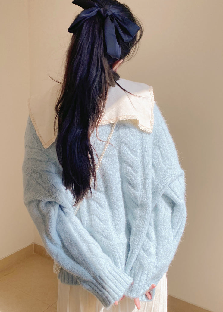Beautiful Light Blue Bow Collar Cozy Knit Sweater Tops Winter