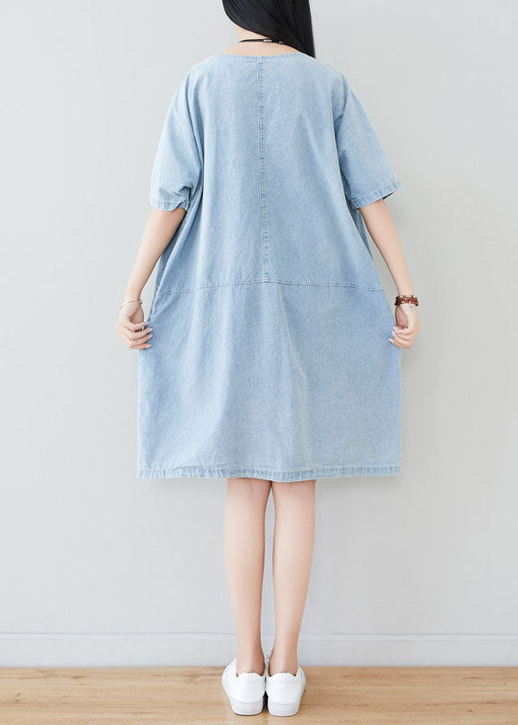Beautiful Light Blue Oversized Patchwork Print Cotton Denim Dress Summer