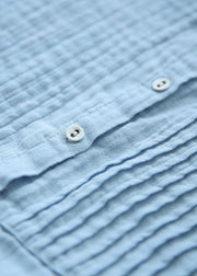 Beautiful Light Blue Stand Collar Wrinkled Button Linen Blouse Tops Short Sleeve