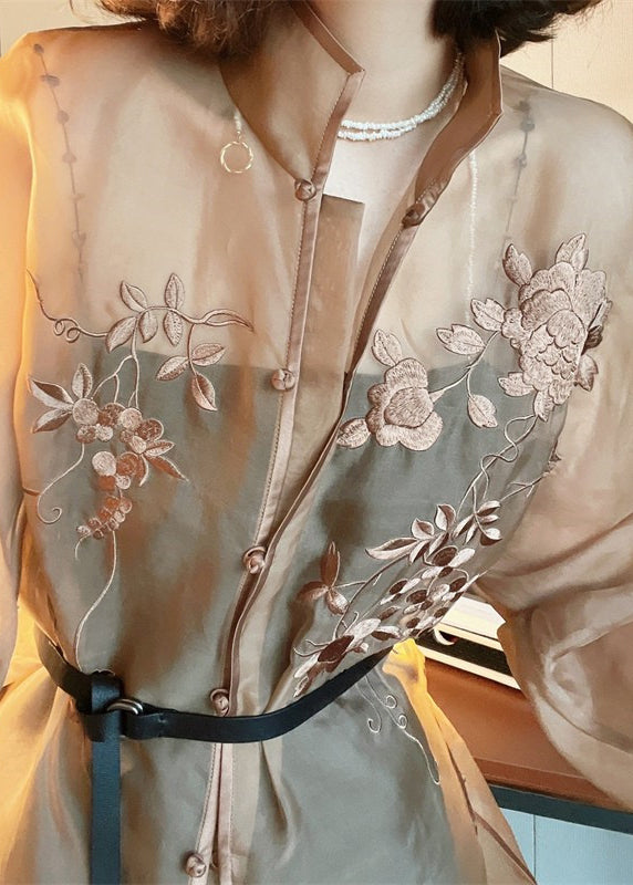 Beautiful Light Brown Embroidered Side Open Sashes Silk Shir Long Sleeve