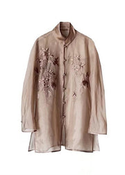 Beautiful Light Brown Embroidered Side Open Sashes Silk Shir Long Sleeve
