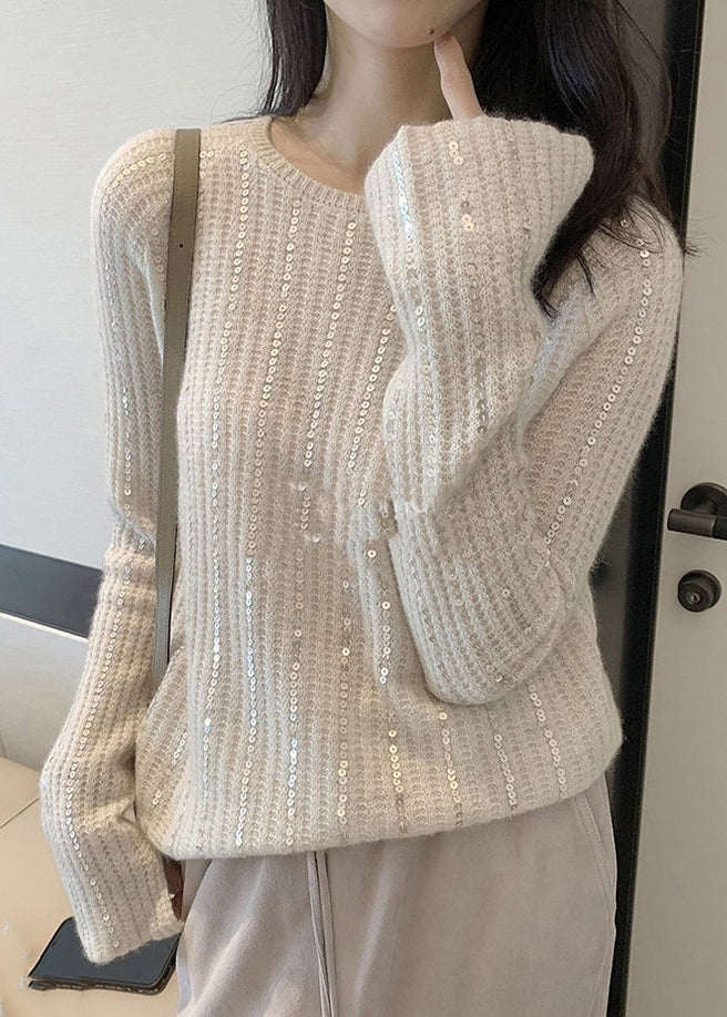 Beautiful Light Brown O Neck Sequins Knit Sweaters Long Sleeve