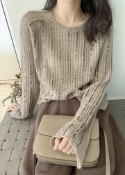 Beautiful Light Brown O Neck Sequins Knit Sweaters Long Sleeve