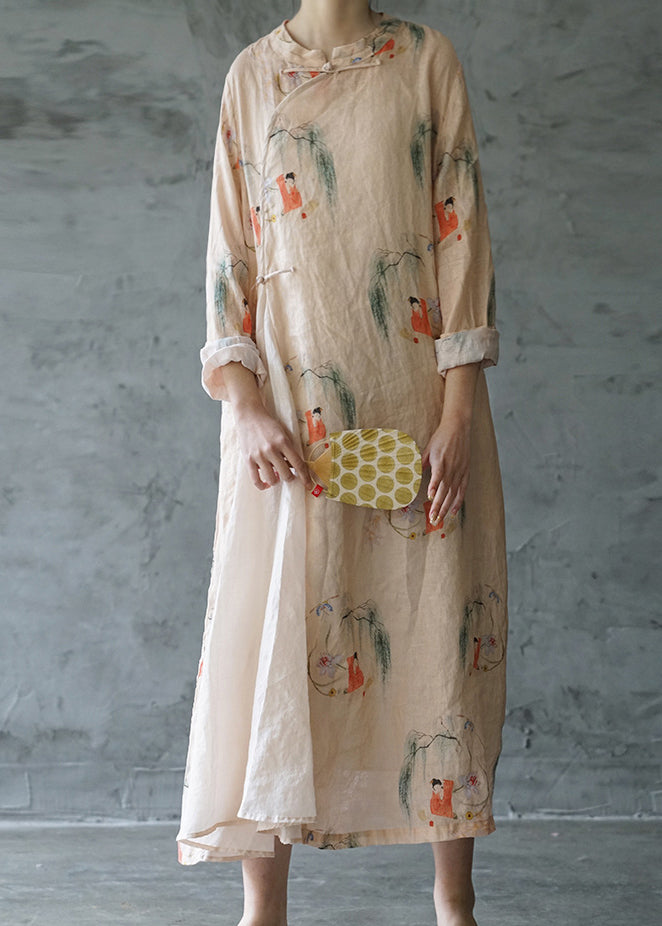 Beautiful Light Pink Mandarin Collar Print Patchwork Linen Long Dress Long Sleeve