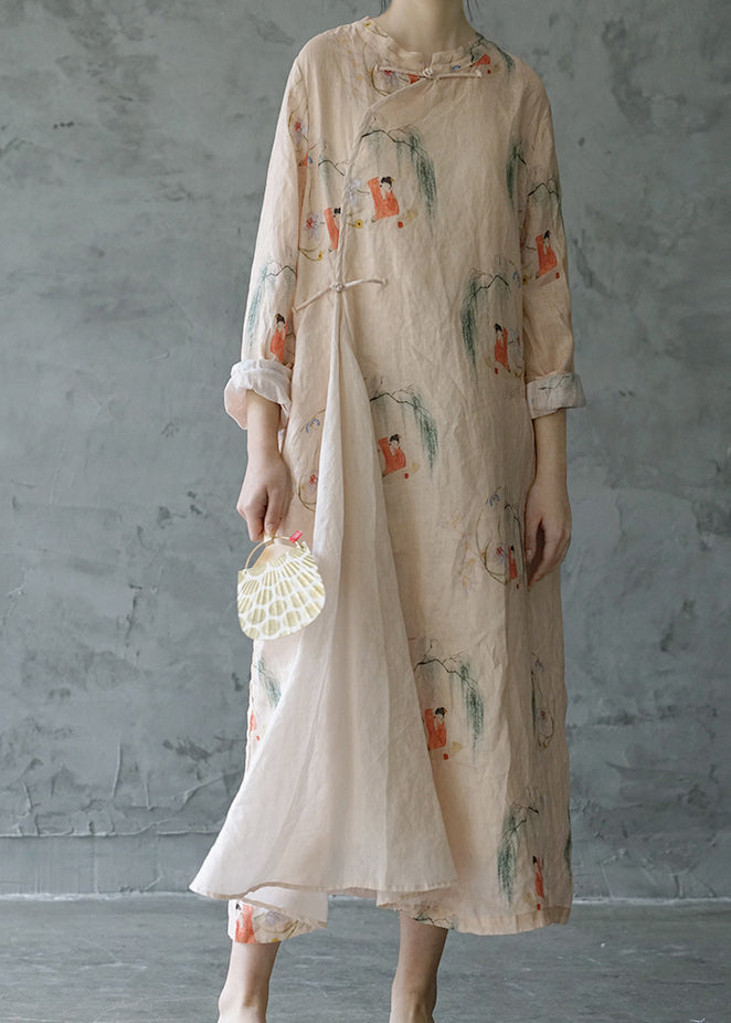 Beautiful Light Pink Mandarin Collar Print Patchwork Linen Long Dress Long Sleeve