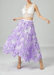 Beautiful Light Purple Embroidered Floral Tulle Skirts Summer