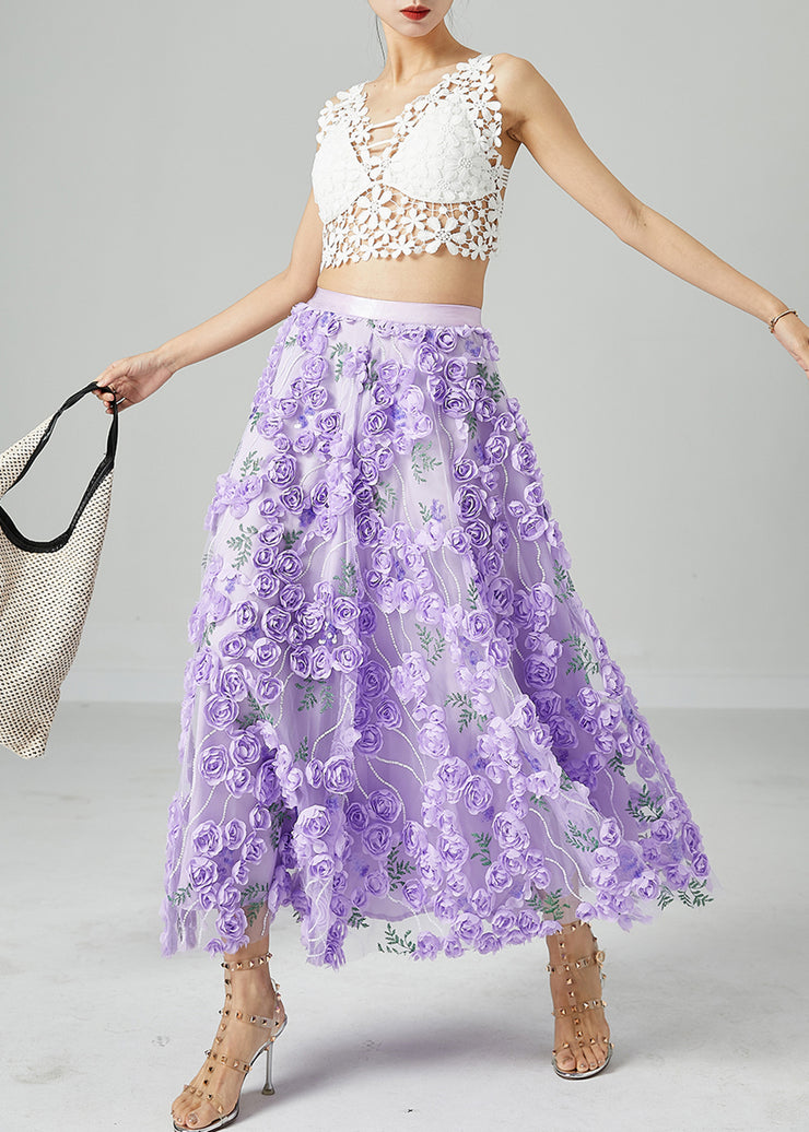 Beautiful Light Purple Embroidered Floral Tulle Skirts Summer
