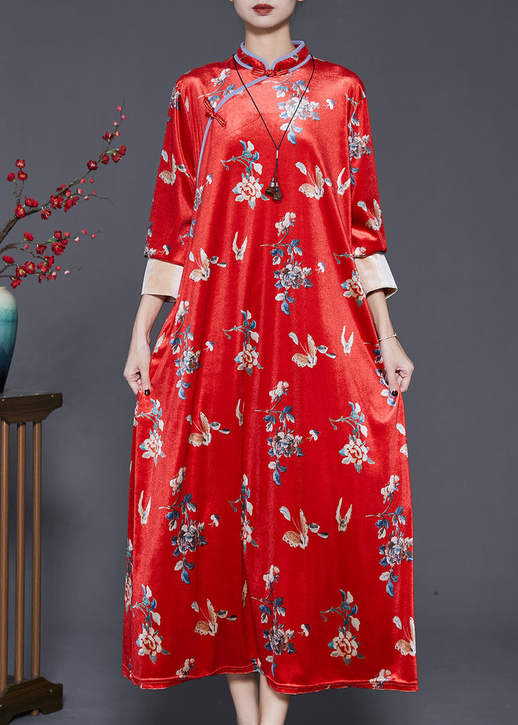 Beautiful Mulberry Print Silk Velvet Chinese Style Dresses Spring